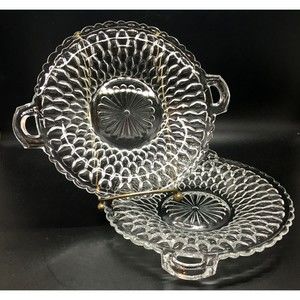 Indiana Glass Honeycomb Clear 2 HANDLE RELISH DISH Vintage Set of 2 Made in USA